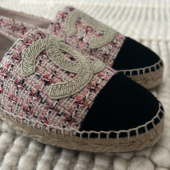 CHANEL CC Cotton Pink Tweed Multicolor/Black Espadrilles NWT Size 38 - Picture 4 of 11